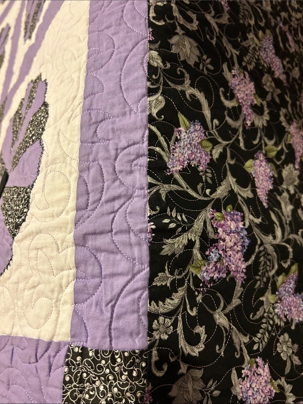 ONE OF A KIND- HANDCRAFTED Floral Quilt in Black, Lavender and Random Yellow